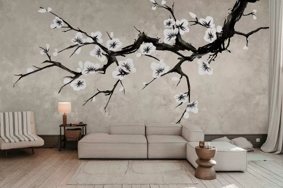 murales de pared Rama con flores blancas en estilo minimalista w05425