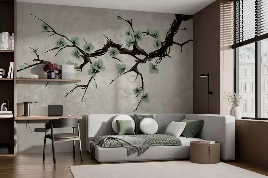 murales de pared Rama con flores verdes en tonos suaves w05425v2