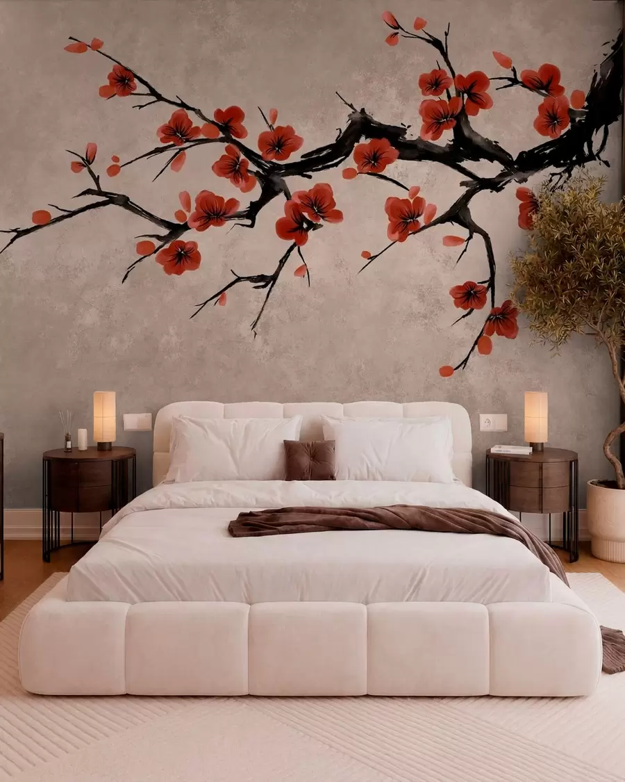 murales de pared Rama con flores de estilo oriental sobre fondo beige w05425v4