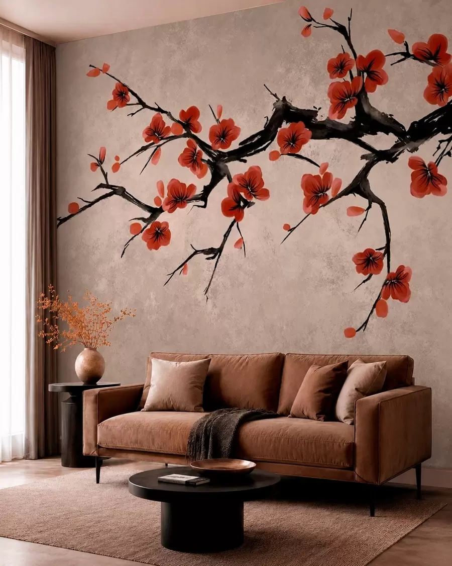 murales de pared Rama con flores de estilo oriental sobre fondo beige w05425v4