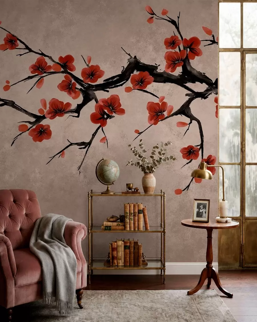 murales de pared Rama con flores de estilo oriental sobre fondo beige w05425v4
