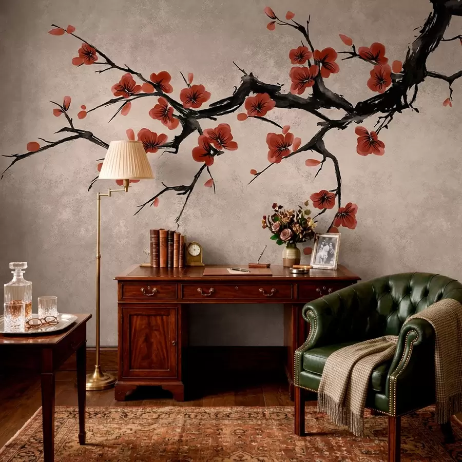 murales de pared Rama con flores de estilo oriental sobre fondo beige w05425v4