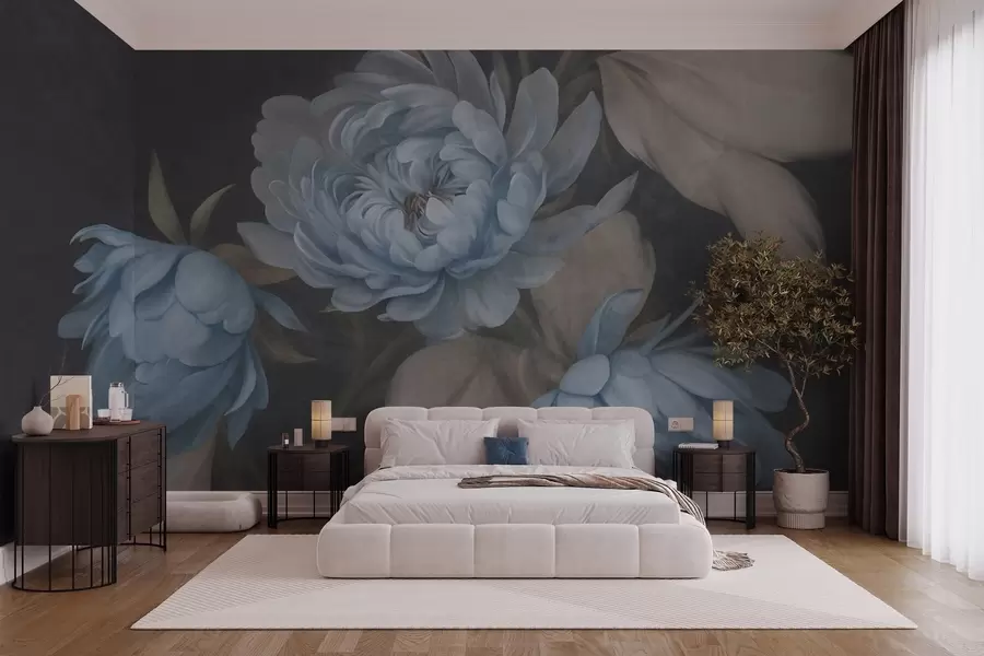 murales de pared Flores de peonía azul claro con textura y hojas de color beige sobre un fondo oscuro w09751