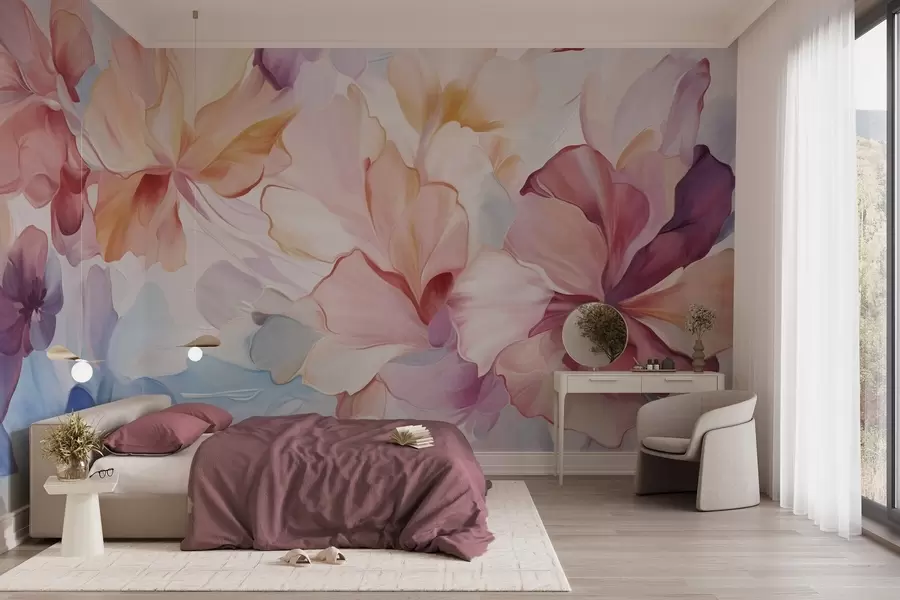 murales de pared Flores abstractas de fantasía en tonos rosa, melocotón y lavanda, en estilo pictórico y con textura w09767