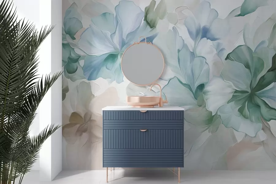 murales de pared Flores abstractas de fantasía en tonos verdes, azules y beige, con un estilo pictórico y texturizado w09767v1