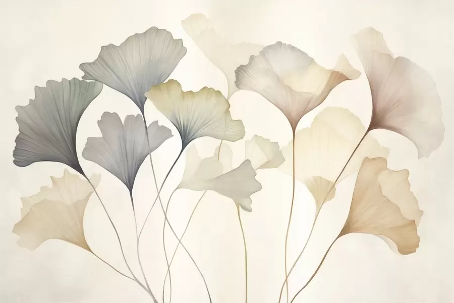 murales de pared Hoja de ginkgo abstracta en tonos pastel apagados, como el azul, el verde y el melocotón; obra de arte con textura w09810