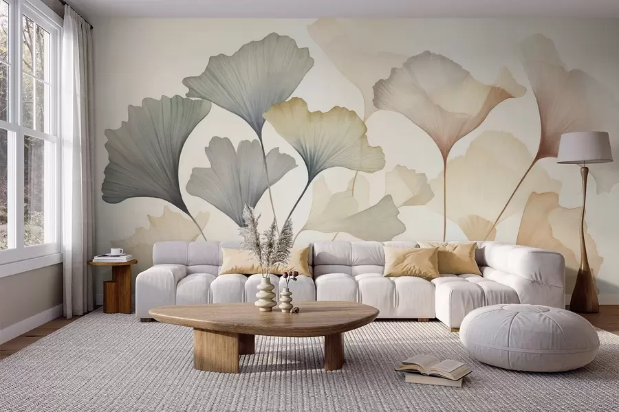 murales de pared Hoja de ginkgo abstracta en tonos pastel apagados, como el azul, el verde y el melocotón; obra de arte con textura w09810