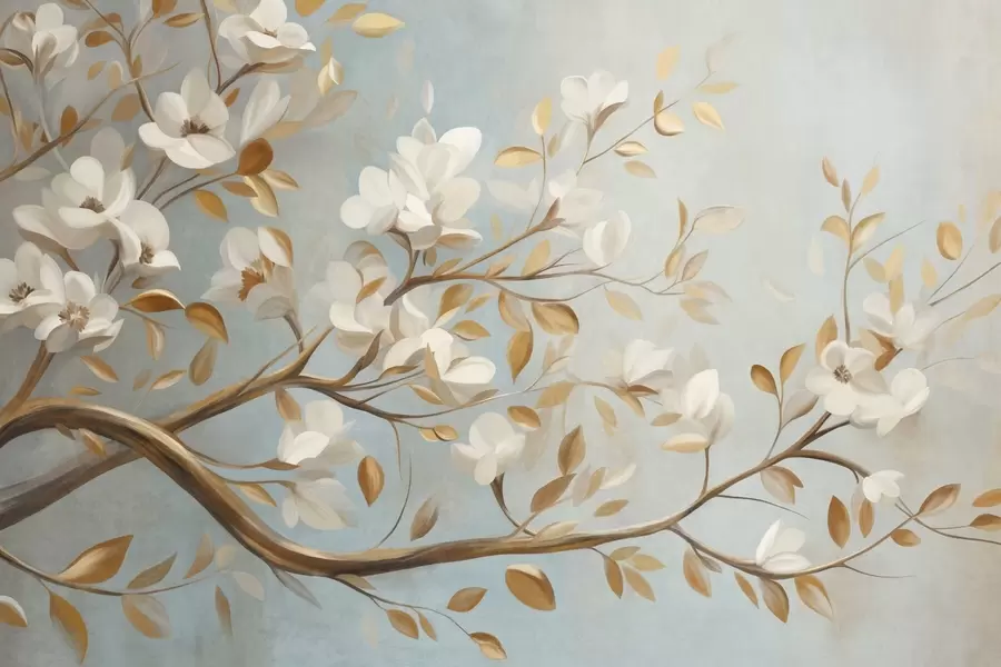 murales de pared Rama de árbol con textura, flores blancas y hojas amarillas, estilo vintage w09814