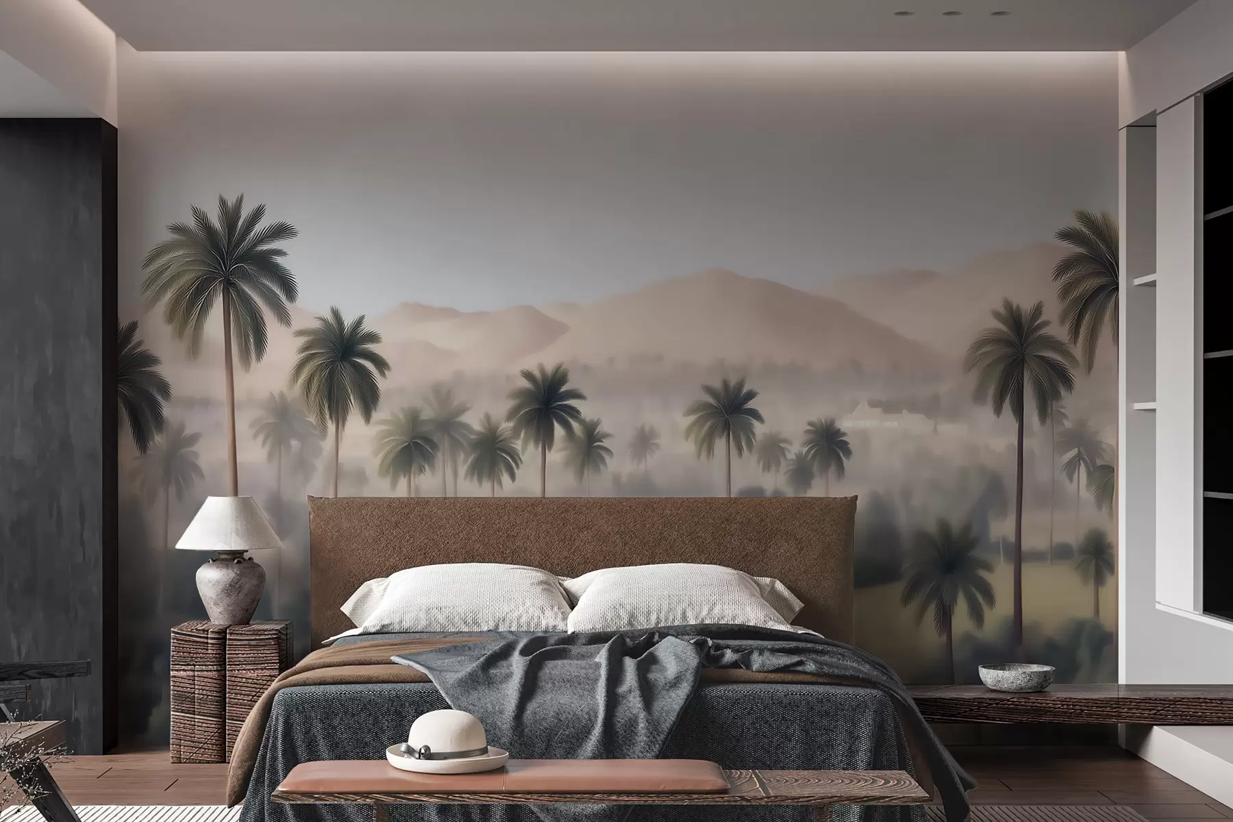 murales de pared Paisaje tropical con palmeras y montañas, panorámica de estilo vintage en tonos beige y verdes w09798