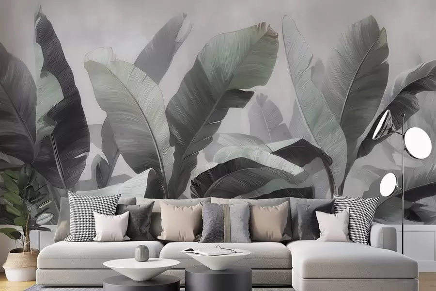 murales de pared Hojas de plátano tropicales de gran tamaño en una paleta neutra con suaves tonos gris verdosos w09805