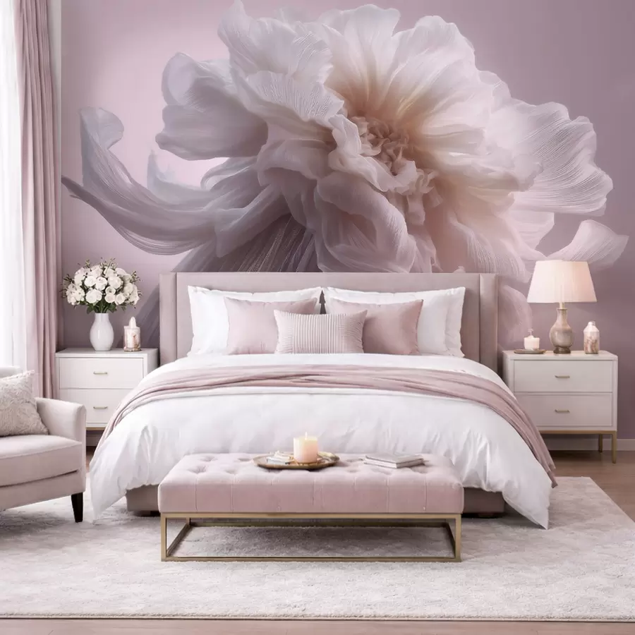 murales de pared Flor de seda con volumen en tonos rosa pálido y beige w09809