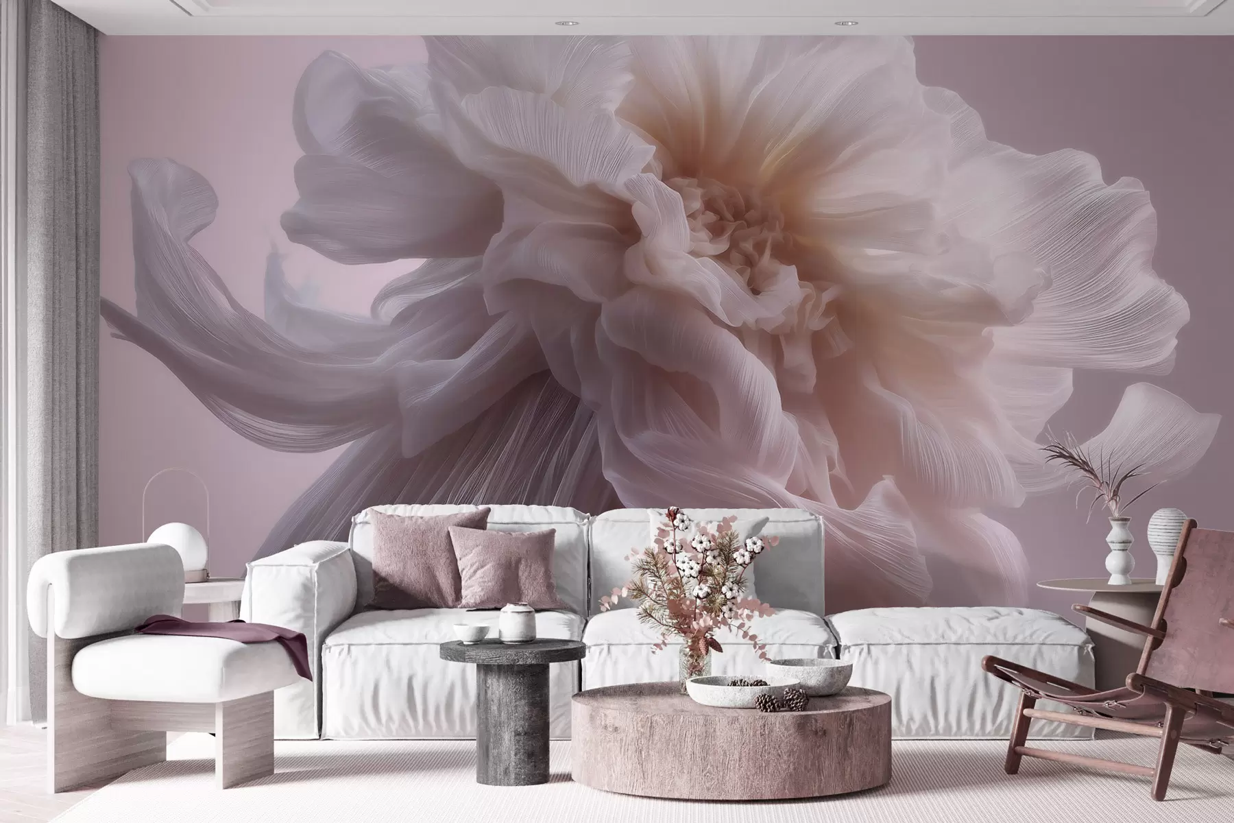 murales de pared Flor de seda con volumen en tonos rosa pálido y beige w09809
