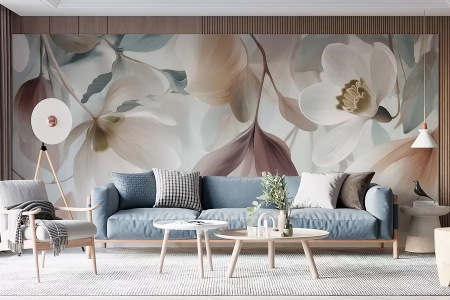 murales de pared una delicada composición de flores y hojas en tonos pastel w05240