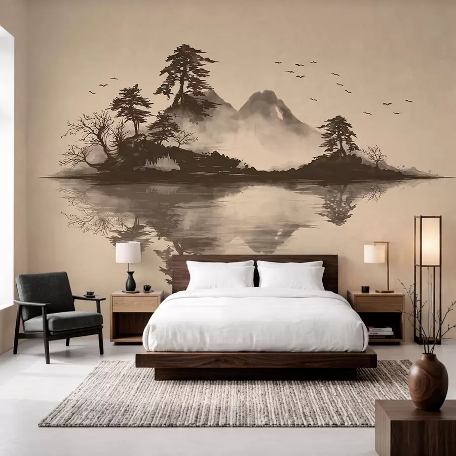 murales de pared Paisaje montañoso en estilo sumi-e con pinos y reflejos w05124