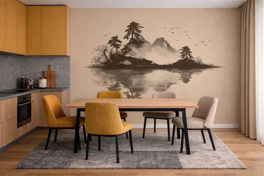 murales de pared Paisaje montañoso en estilo sumi-e con pinos y reflejos w05124