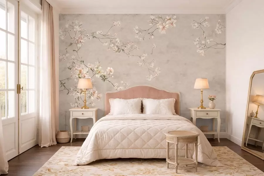 murales de pared Ramas florales delicadas de estilo chinoiserie sobre fondo claro w05427