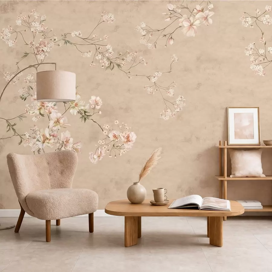 murales de pared Ramas florales de estilo chinoiserie sobre un fondo beige cálido w05427v2