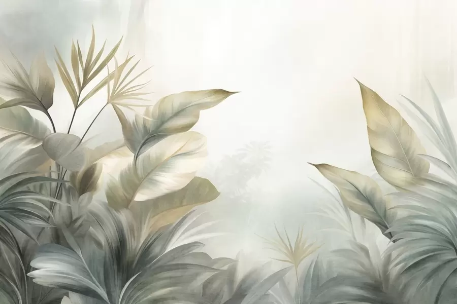 murales de pared Hojas tropicales grandes y con textura en tonos apagados de verde y beige, un ambiente selvático w09820