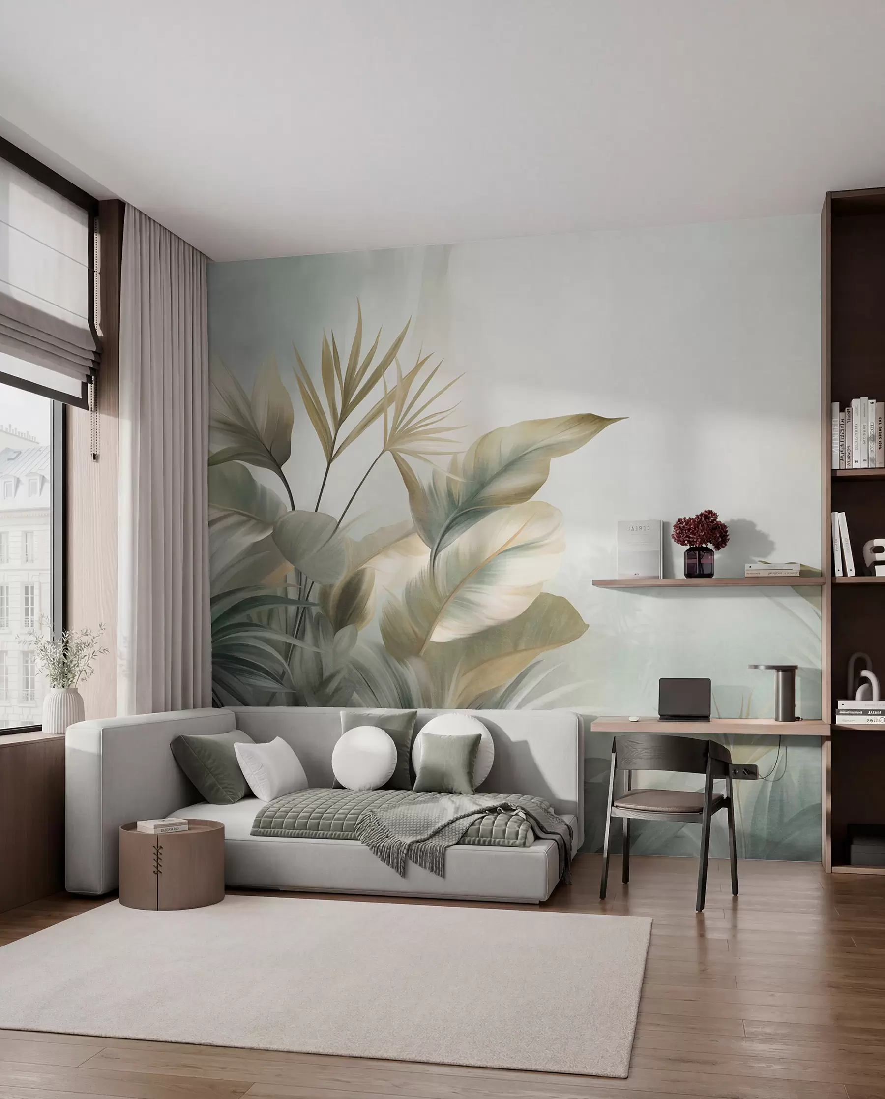 murales de pared Hojas tropicales grandes y con textura en tonos apagados de verde y beige, un ambiente selvático w09820