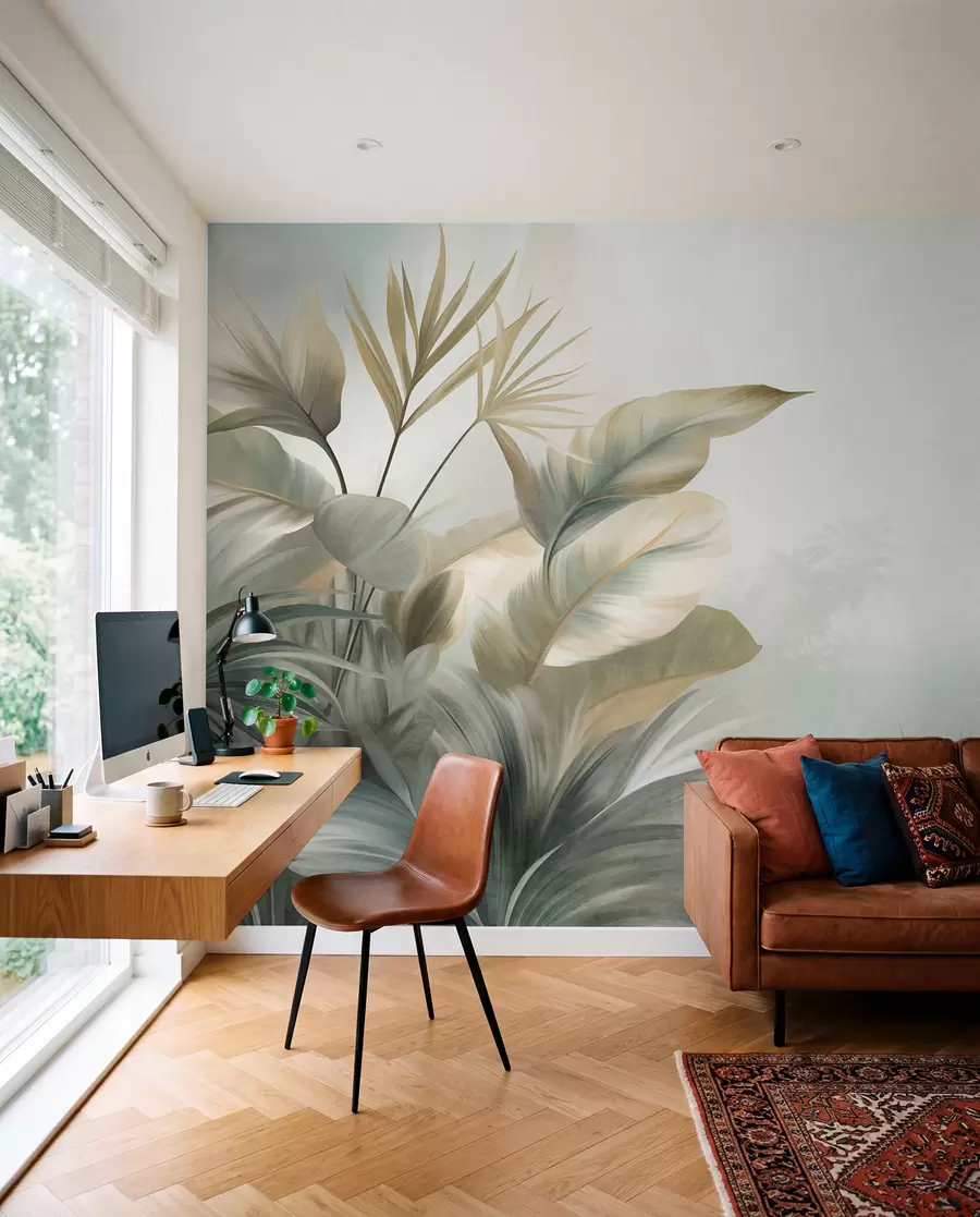 murales de pared Hojas tropicales grandes y con textura en tonos apagados de verde y beige, un ambiente selvático w09820
