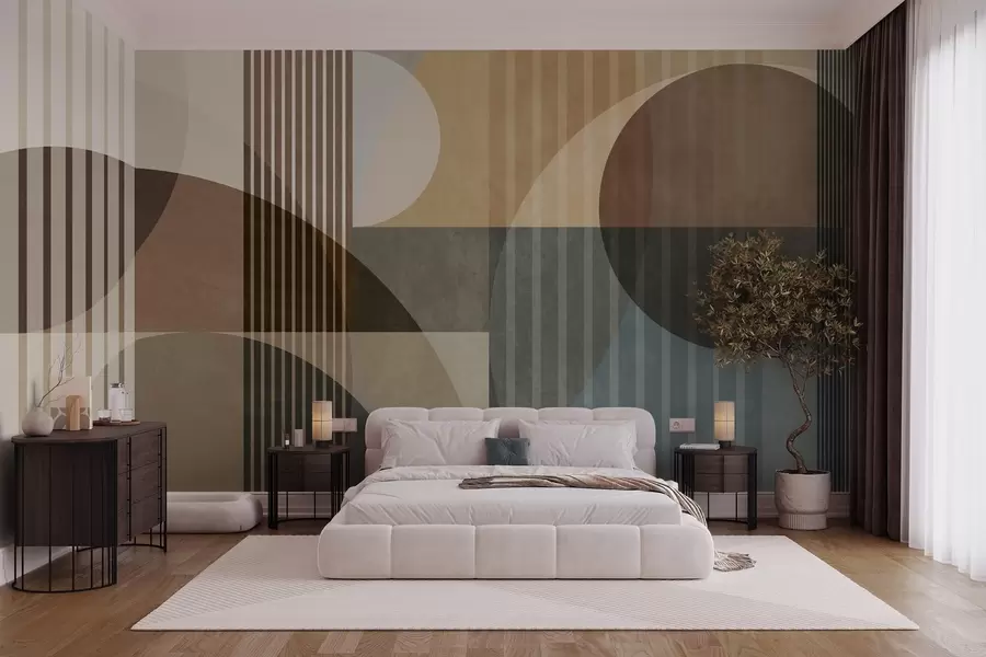 murales de pared Formas geométricas abstractas con círculos y líneas, tonos tierra apagados, composición con texturas y capas w09834