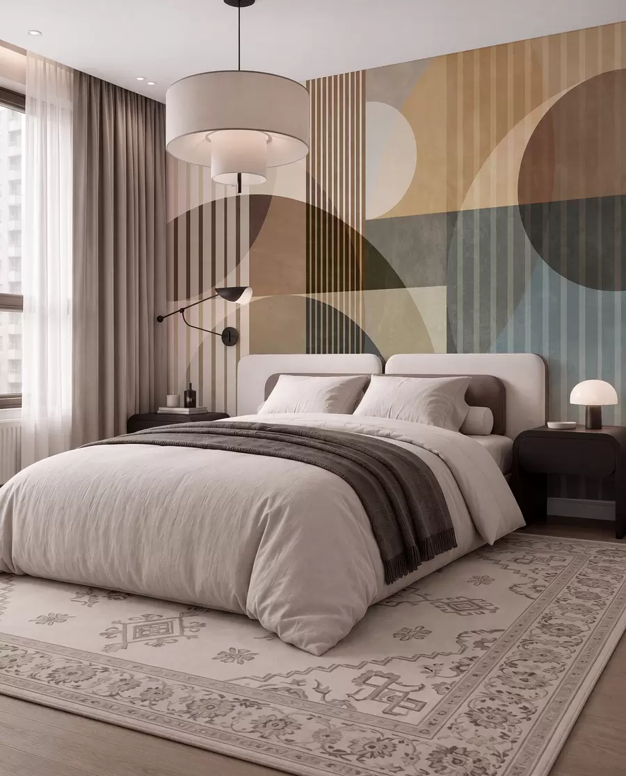 murales de pared Formas geométricas abstractas con círculos y líneas, tonos tierra apagados, composición con texturas y capas w09834
