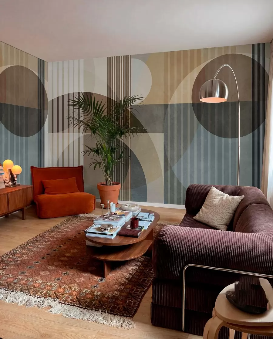 murales de pared Formas geométricas abstractas con círculos y líneas, tonos tierra apagados, composición con texturas y capas w09834