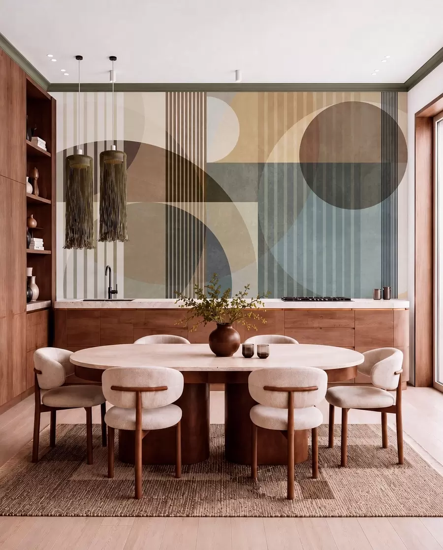murales de pared Formas geométricas abstractas con círculos y líneas, tonos tierra apagados, composición con texturas y capas w09834