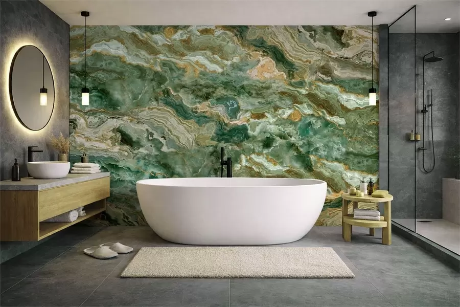 murales de pared Textura de ónix verde con vetas fluidas en capas w05429