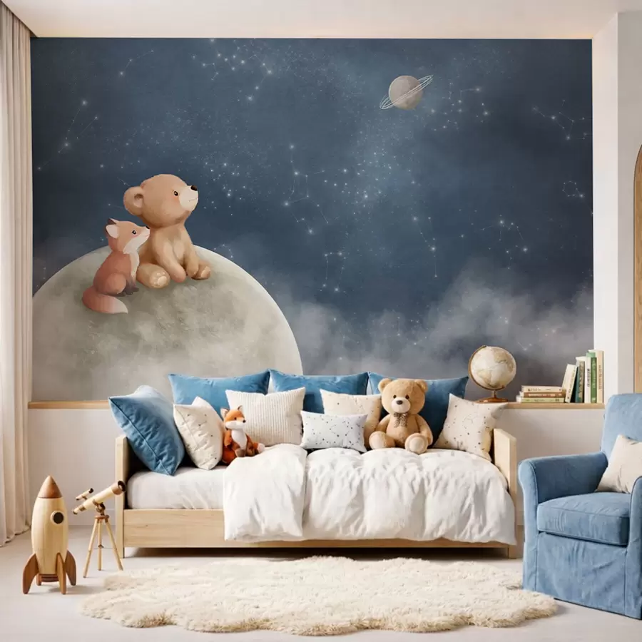 murales de pared Ilustración en tonos pastel de un oso y un zorro bajo el cielo nocturno w05431