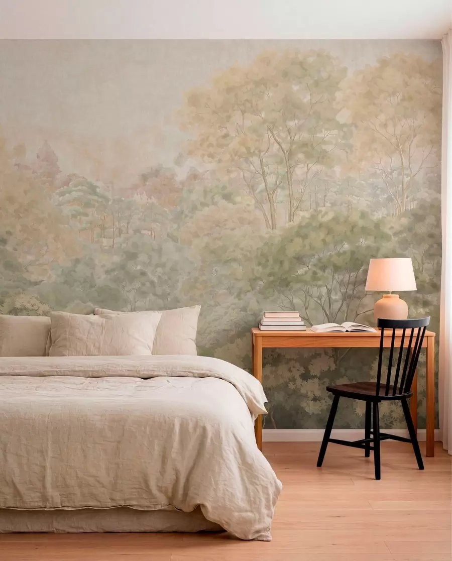 murales de pared Paisaje forestal de estilo vintage en tonos verdes apagados w05433