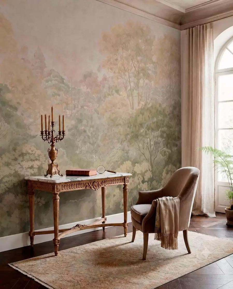 murales de pared Paisaje forestal de estilo vintage en tonos verdes apagados w05433