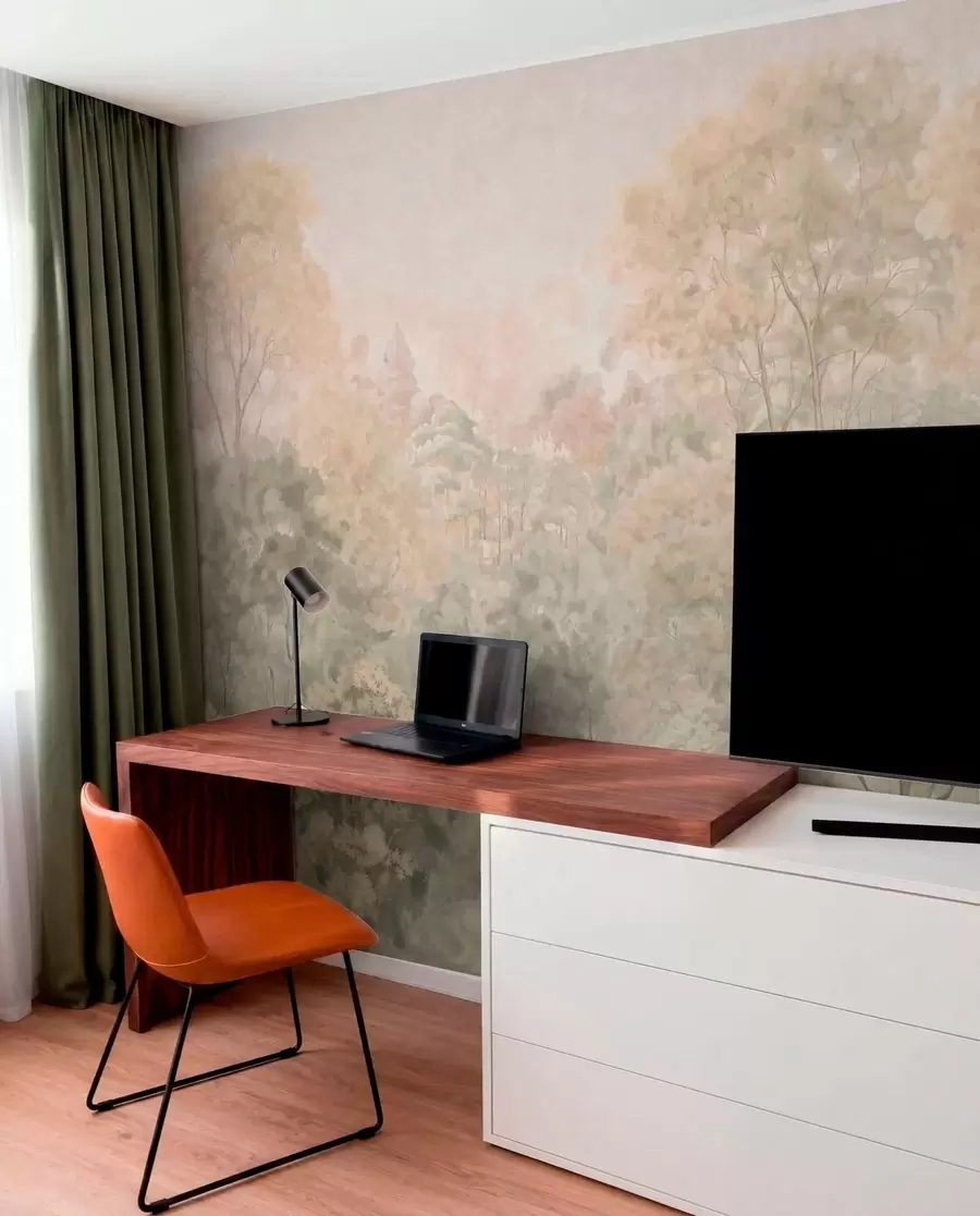 murales de pared Paisaje forestal de estilo vintage en tonos verdes apagados w05433
