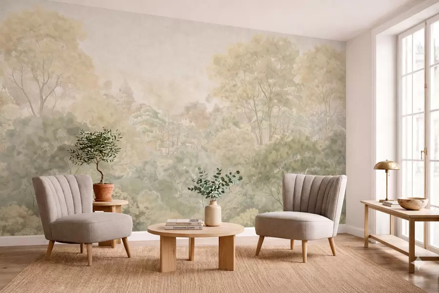 murales de pared Paisaje forestal de estilo vintage en tonos verdes apagados w05433
