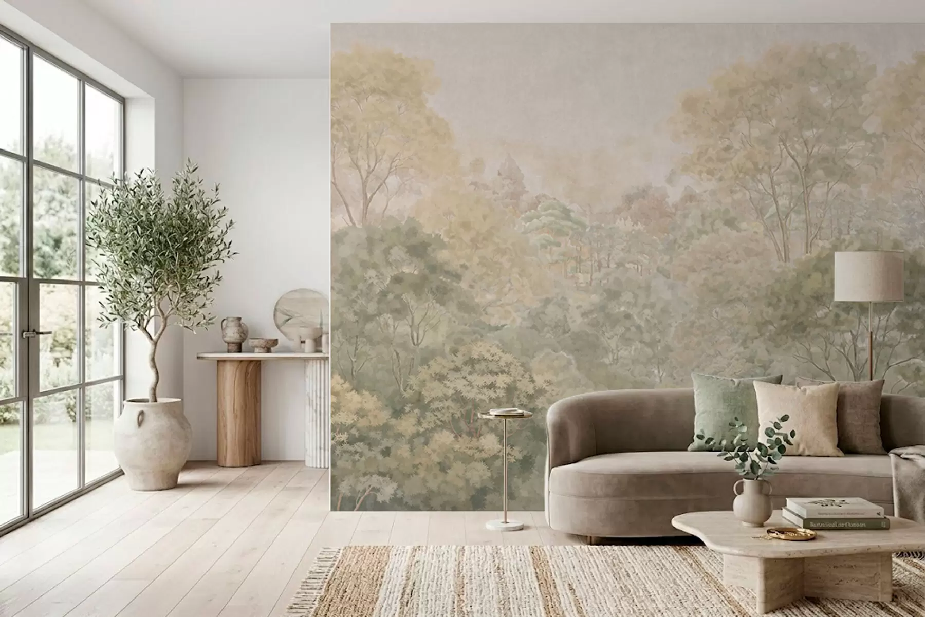 murales de pared Paisaje forestal de estilo vintage en tonos verdes apagados w05433