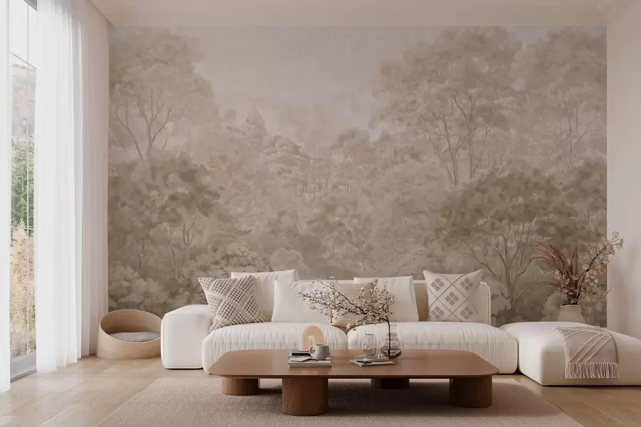 murales de pared Paisaje forestal de estilo vintage en cálidos tonos beige w05433v1
