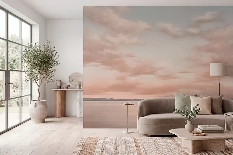 murales de pared Horizonte marino minimalista con nubes en tonos pastel w05516