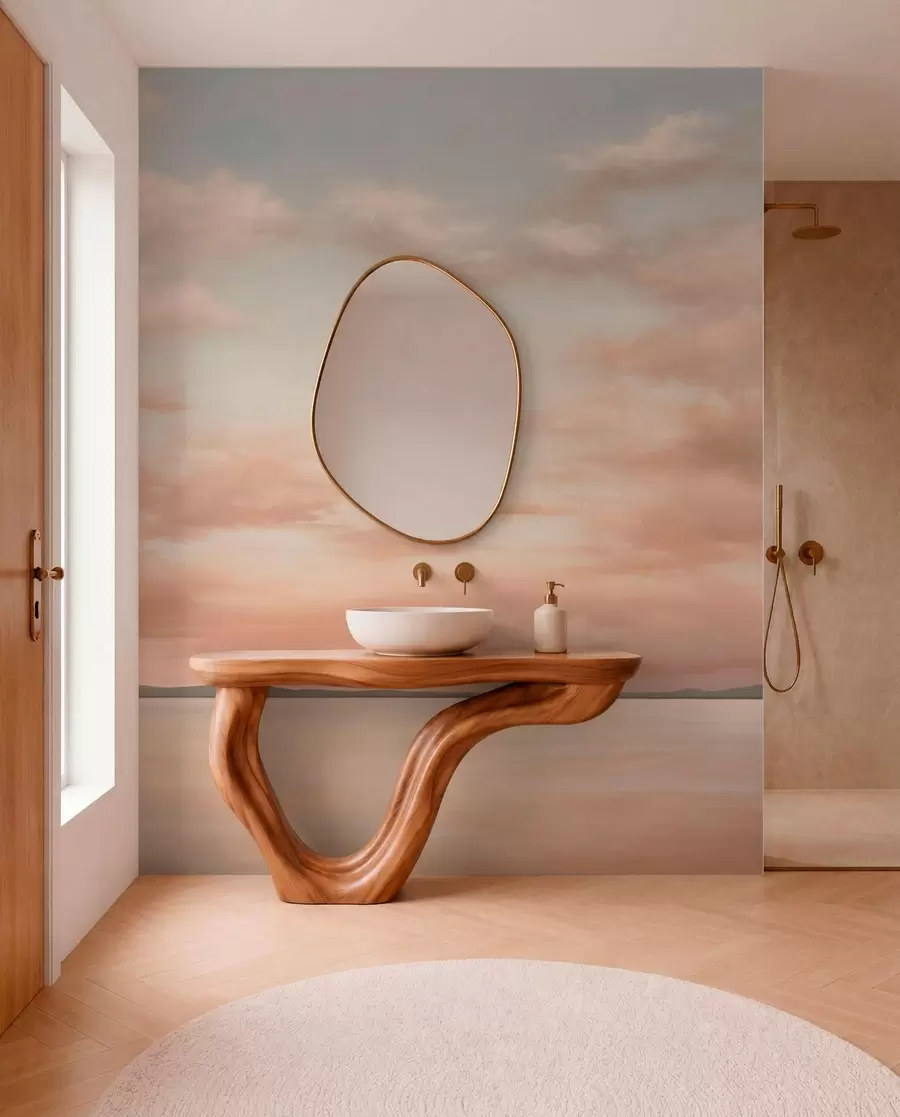 murales de pared Horizonte marino minimalista con nubes en tonos pastel w05516