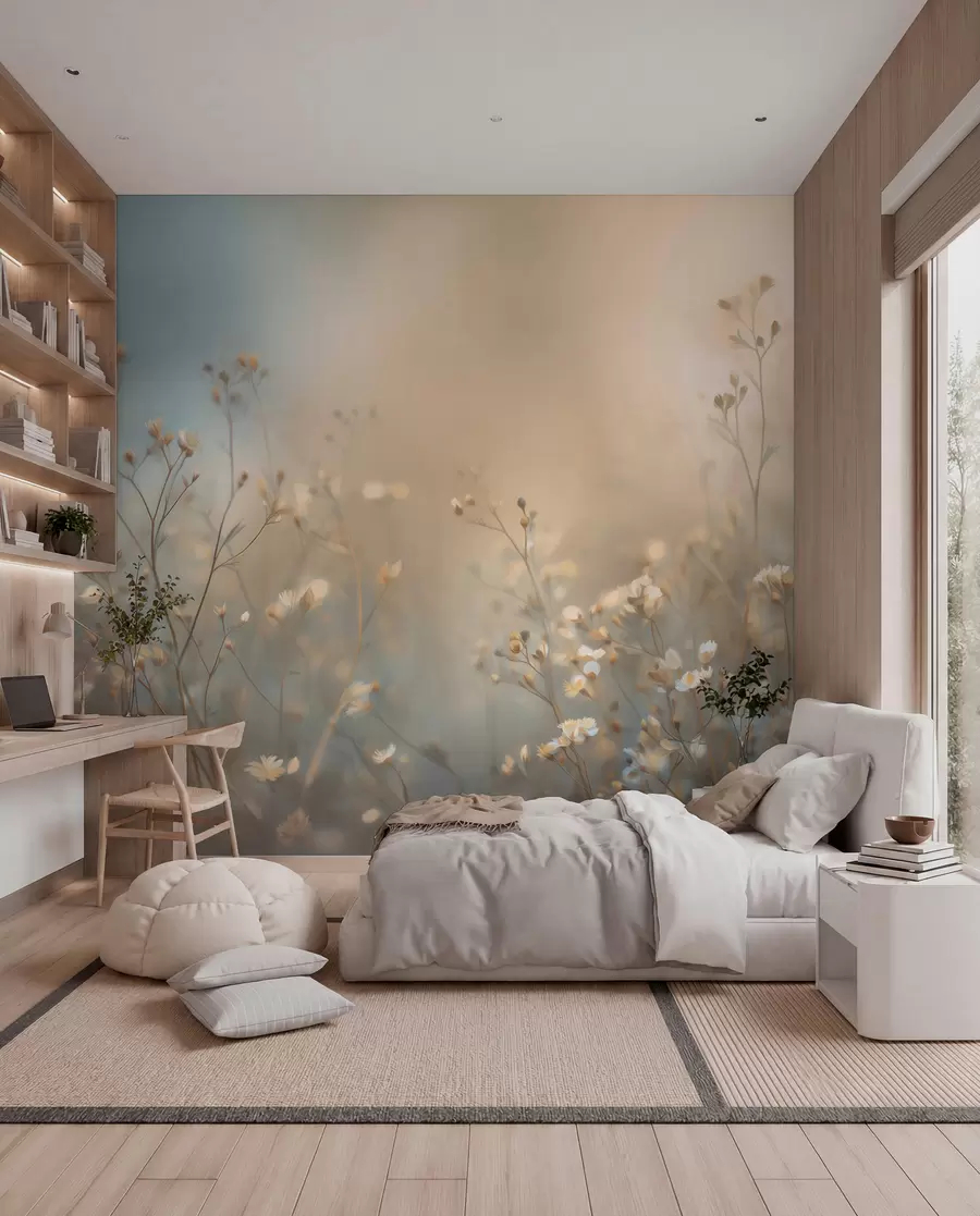murales de pared hierbas de campo con flores pequeñas, con una profundidad de campo reducida w05386