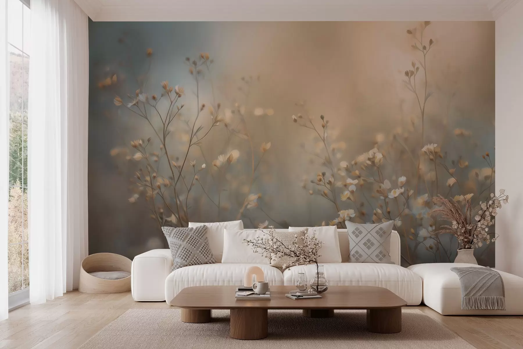 murales de pared hierbas de campo con flores pequeñas, con una profundidad de campo reducida w05386