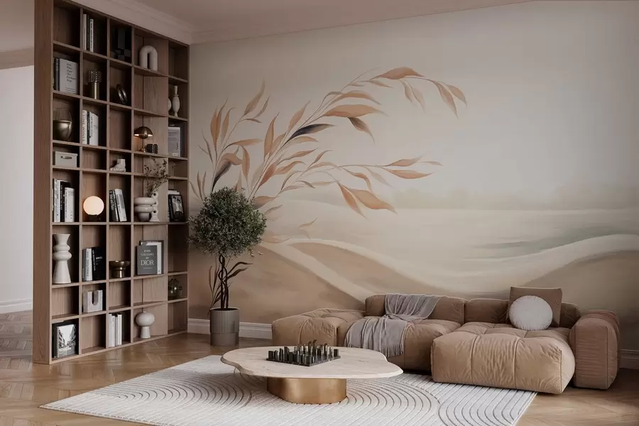 murales de pared Un paisaje apacible con una rama sobre las colinas, en tonos beige claro w05297