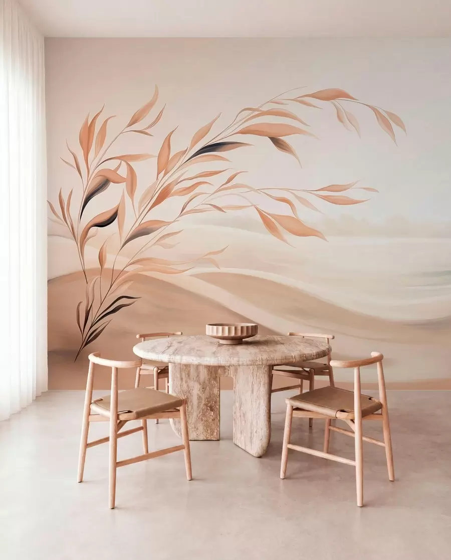 murales de pared Un paisaje apacible con una rama sobre las colinas, en tonos beige claro w05297