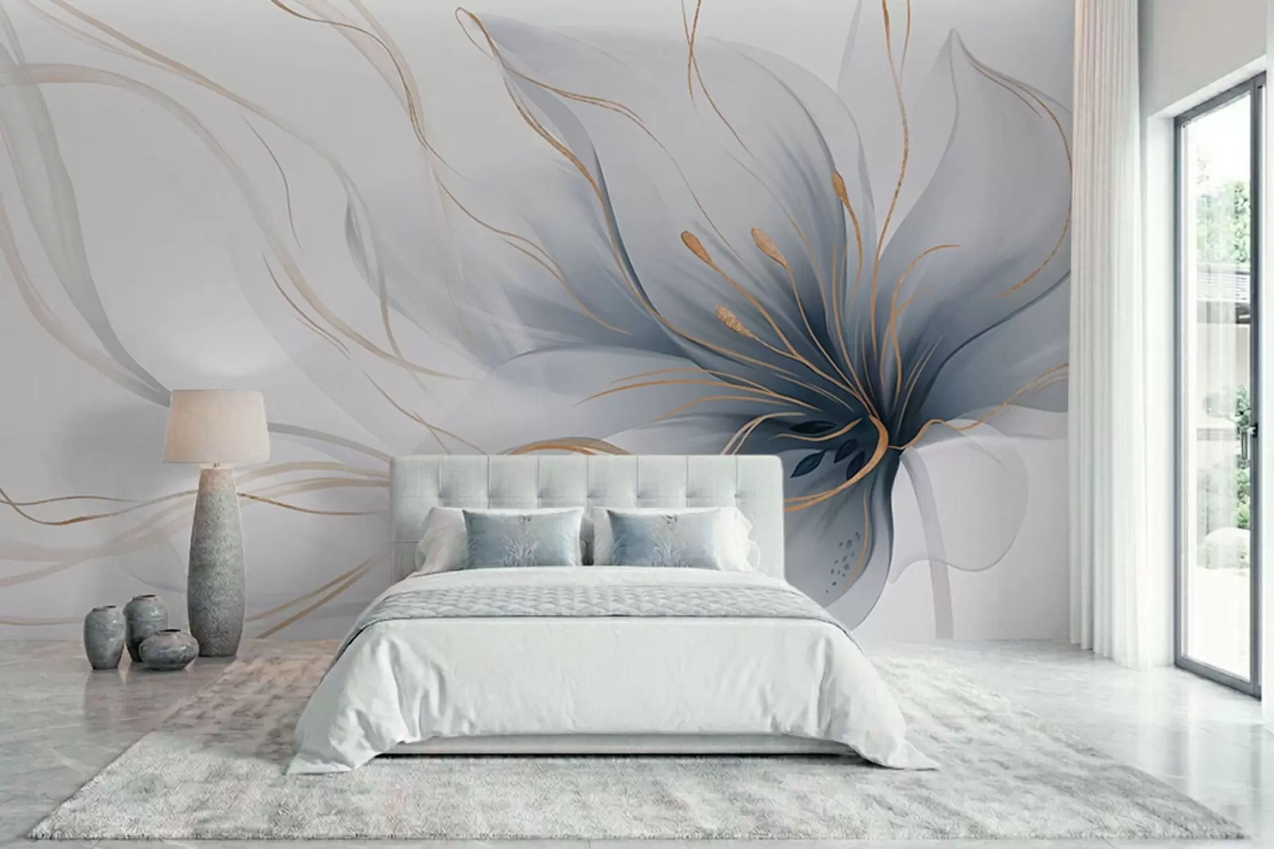 murales de pared Una flor azul abstracta con líneas fluidas al estilo del arte fluido w05428