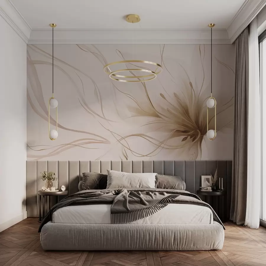 murales de pared Una flor abstracta de color beige con líneas fluidas al estilo del arte fluido w05428v2