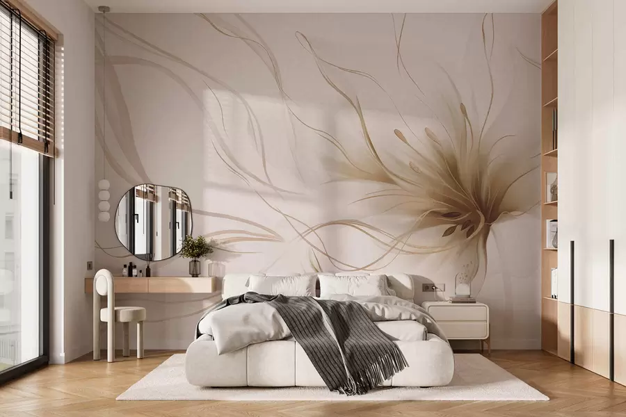 murales de pared Una flor abstracta de color beige con líneas fluidas al estilo del arte fluido w05428v2
