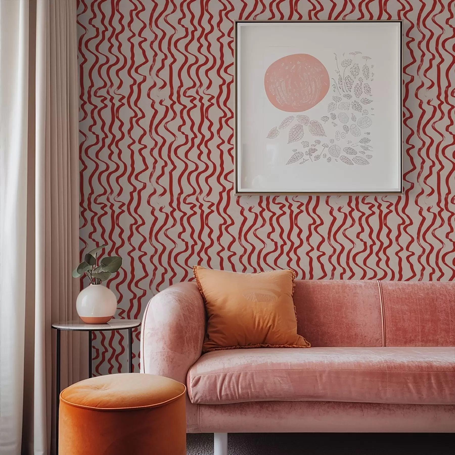 murales de pared Líneas onduladas rojas sobre fondo claro a01168