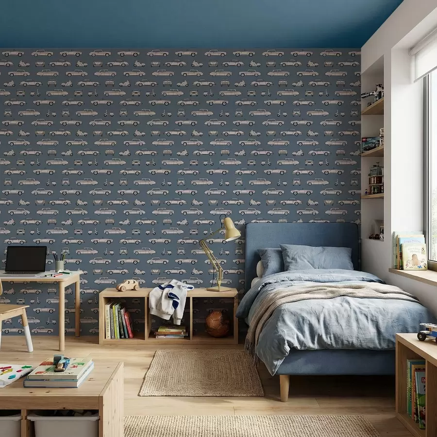 murales de pared Coches y motos retro sobre fondo azul a01178