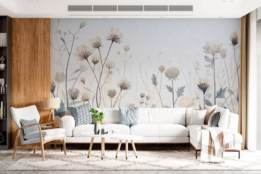 murales de pared Hierbas y flores silvestres pintadas en un estilo paisajístico sobre un fondo claro w05563