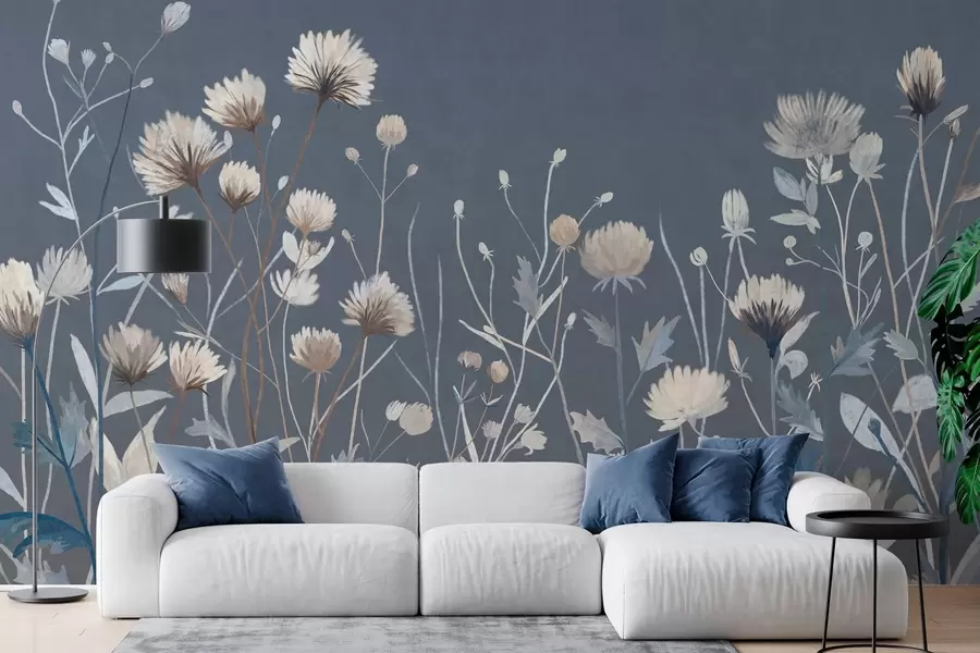 murales de pared Flores silvestres y hierbas representadas con un estilo pictórico sobre un fondo azul oscuro w05563v1