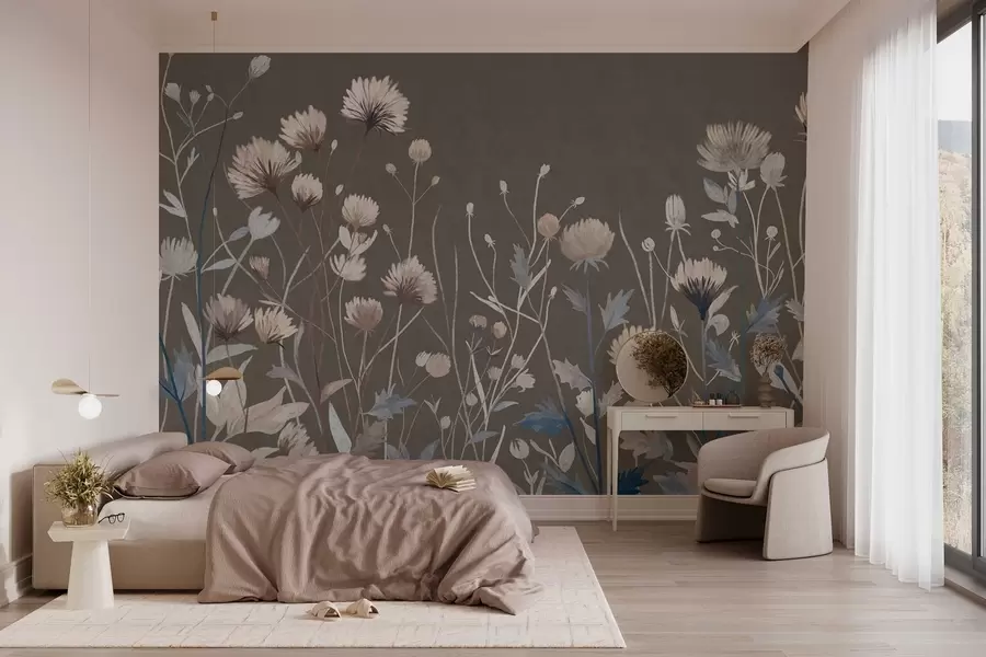 murales de pared Hierbas y flores silvestres de campo representadas con un estilo pictórico sobre un fondo gris-marrón w05563v2